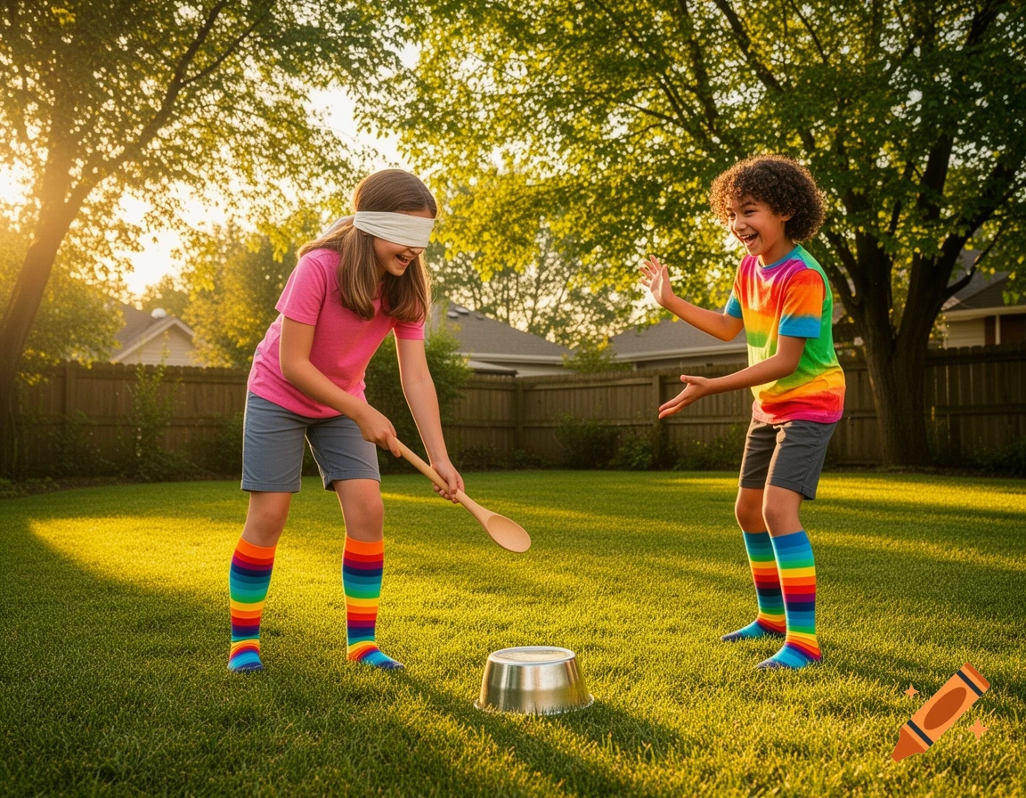Two children playing a blindfolded game with a wooden spoon and metal bowl in a sunny backyard. One child is blindfolded, wearing a pink shirt and rainbow socks, while the other in a rainbow shirt watches.