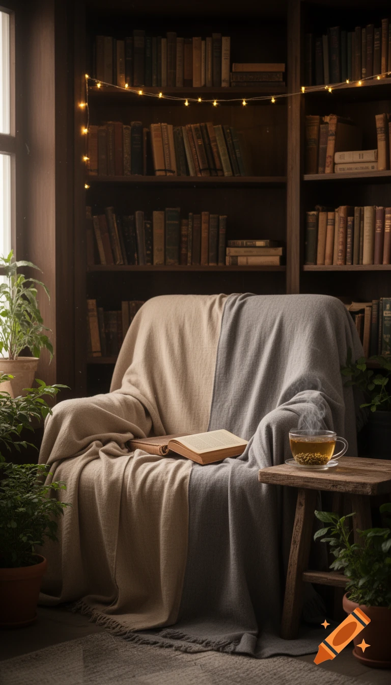 A cozy book nook with an armchair covered in blankets, an open book, a steaming cup of tea on a stool, and bookshelves with string lights.