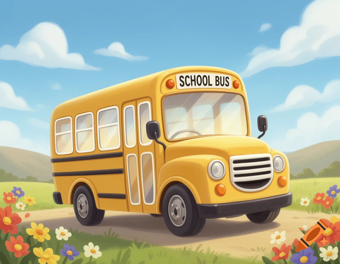 A cheerful cartoon yellow school bus drives through a sunny green field with colorful flowers under a blue sky.