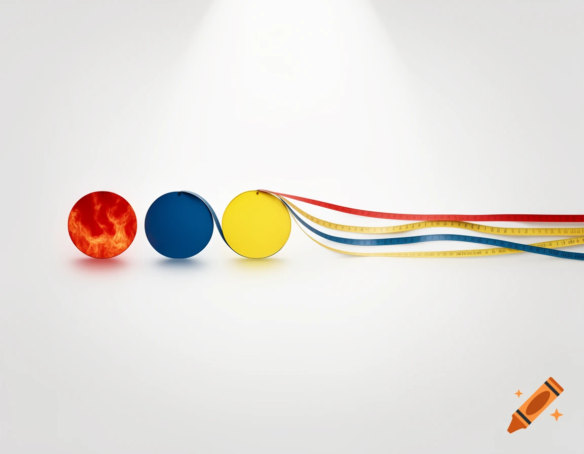 Three red, blue, and yellow circles on a white surface, with colorful measuring tapes unrolling from the yellow circle.