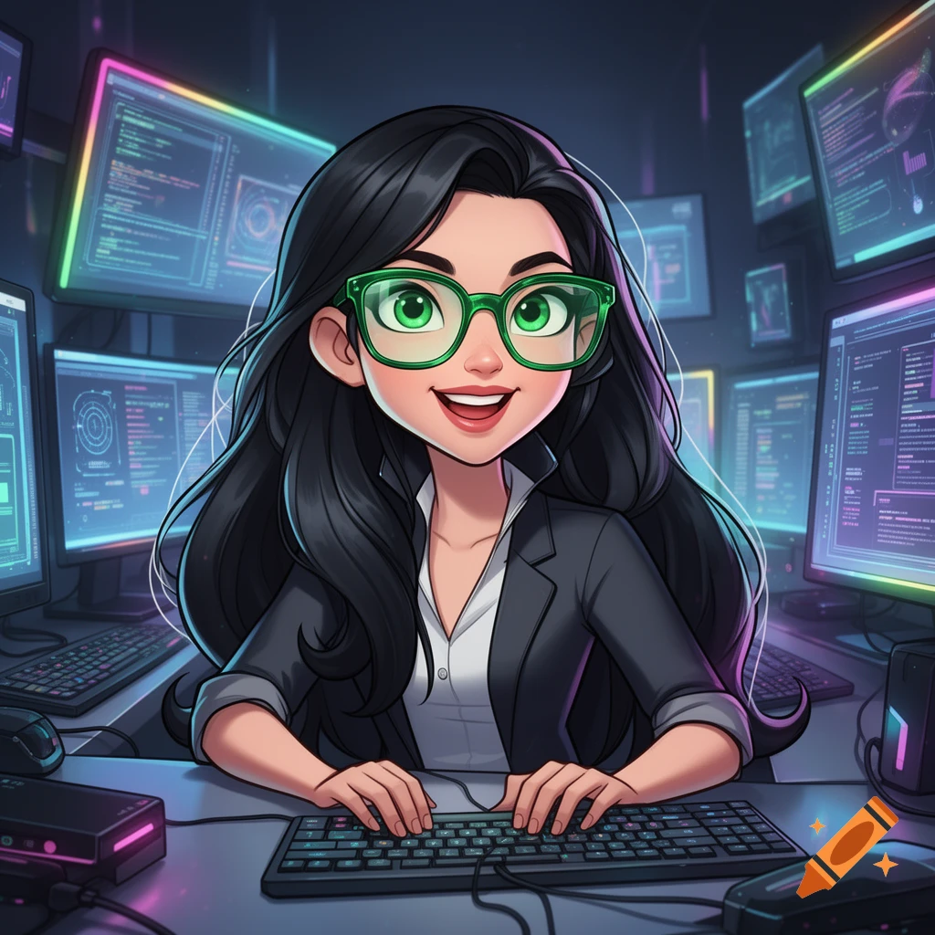 Cartoon woman with dark hair and green glasses typing at a desk surrounded by neon computer screens.