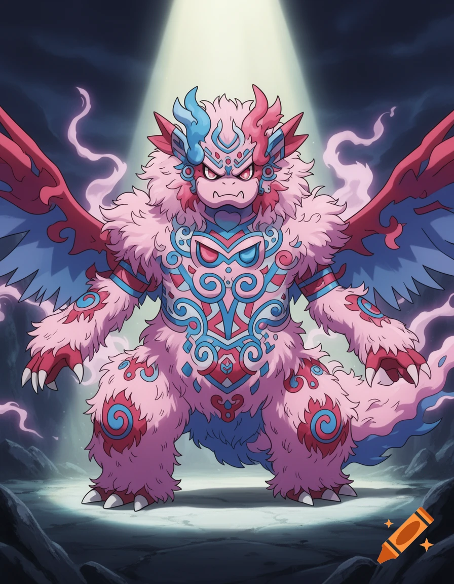 A fluffy, pink, winged creature with intricate blue and red alebrije patterns stands under a spotlight in a dark cave, in a Pokemon cartoon style.