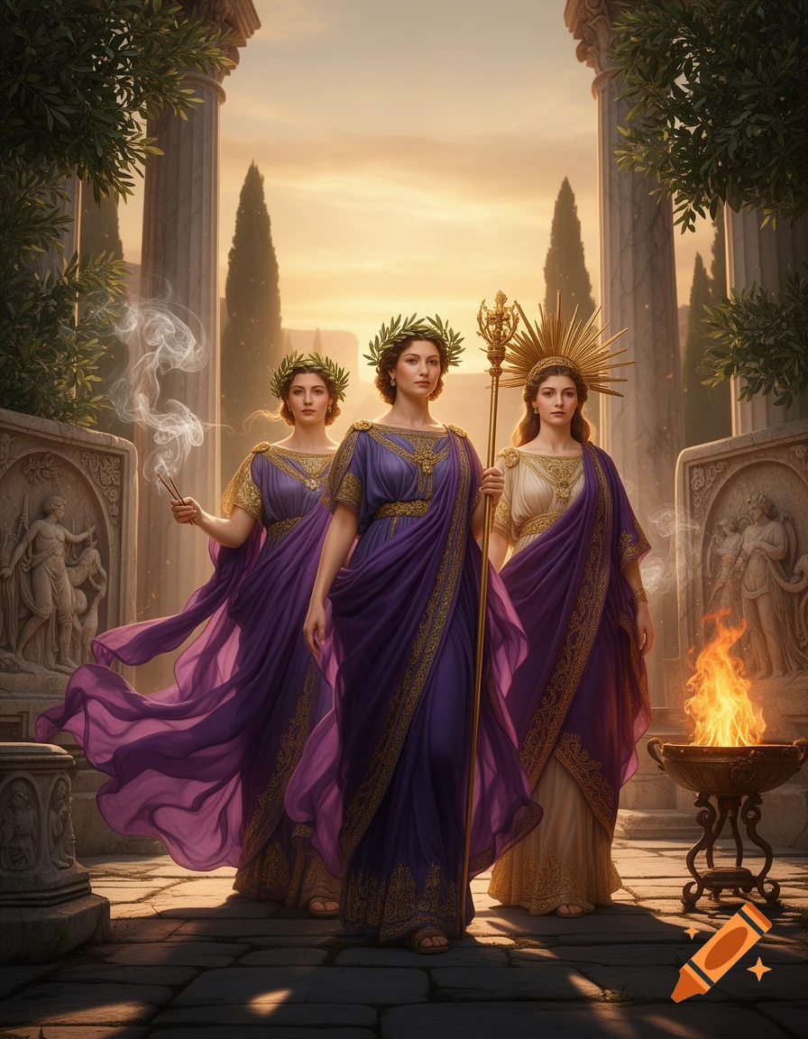 Three women in elaborate purple and gold Roman-style robes and laurel wreaths stand in an ancient temple setting at sunset. One holds a staff, another incense.