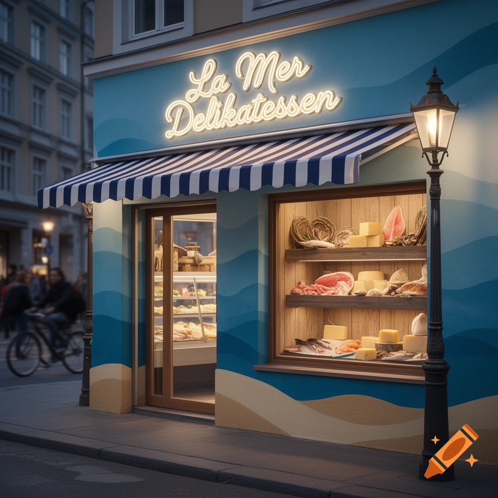 Photorealistic image of 'La Mer Delikatessen' shop at dusk, featuring a blue and beige facade, striped awning, and display window filled with cheeses, meats, and seafood.