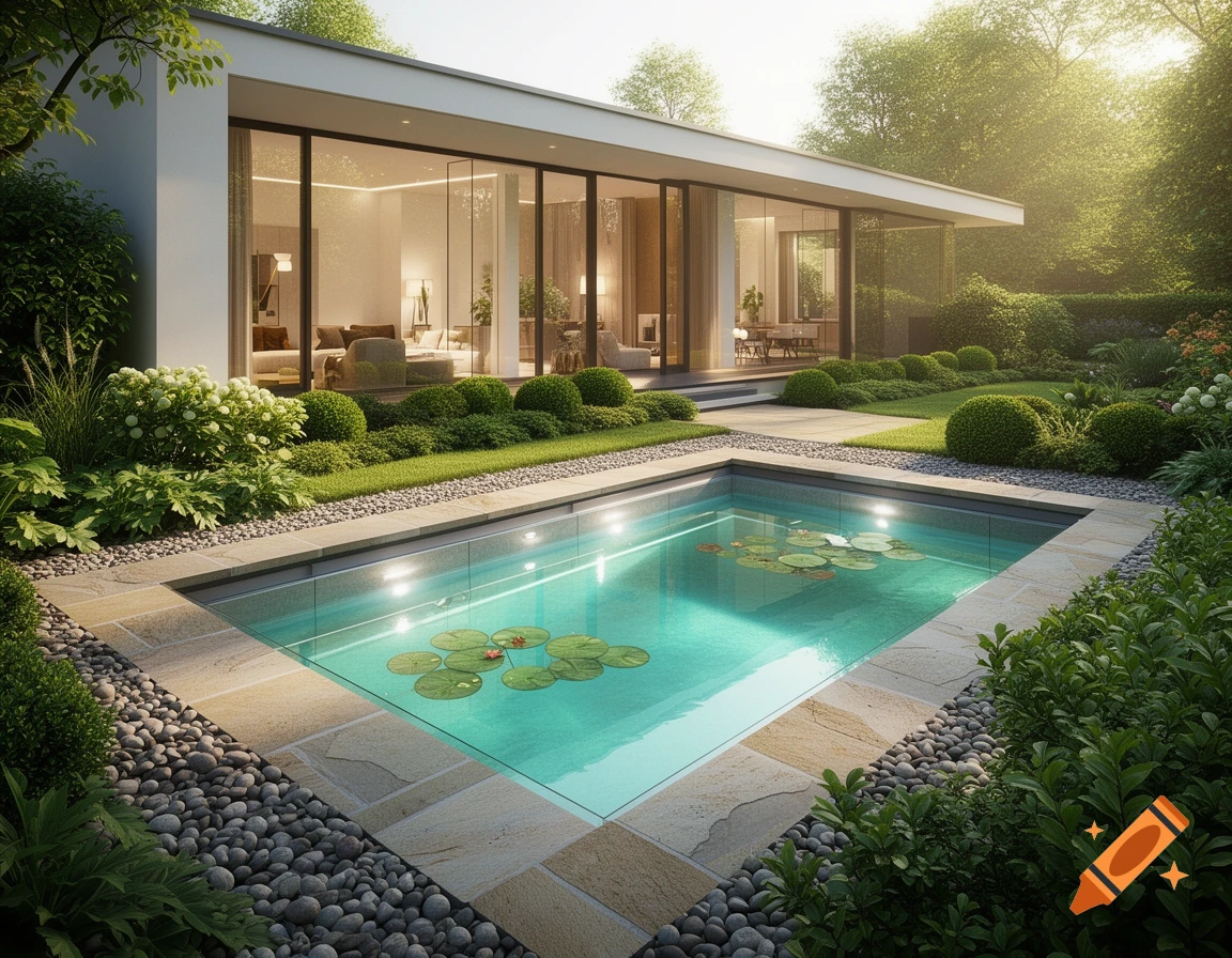 Modern house with a rectangular swimming pool surrounded by a manicured garden and lush trees under sunlight.