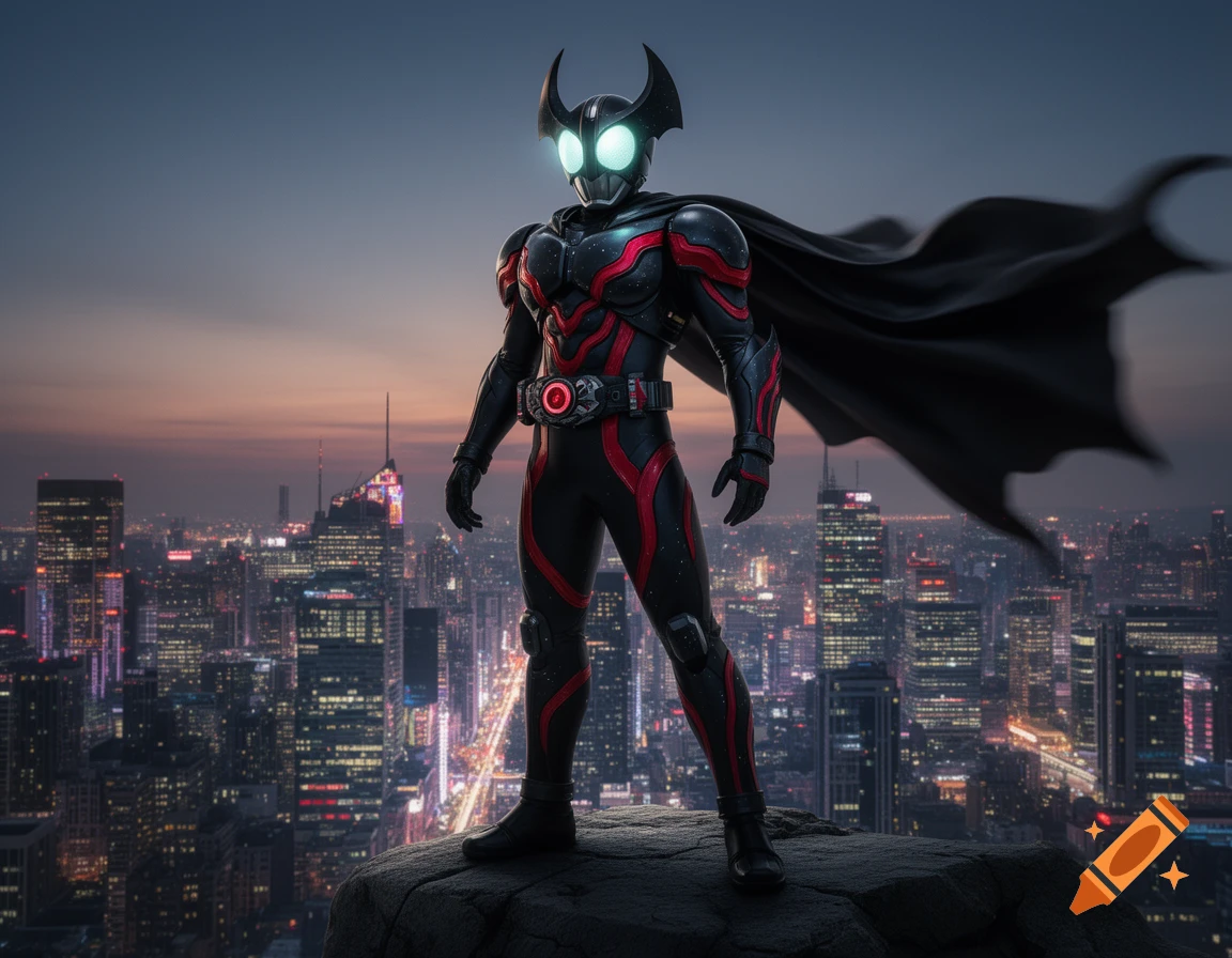 A masked superhero in a black and red suit with a flowing cape stands ...