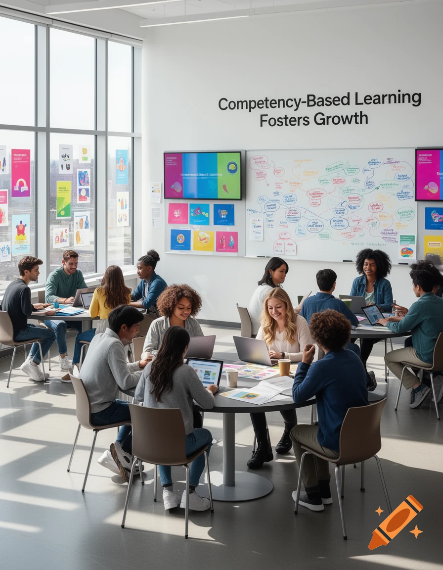 Young adults collaborate in a bright, modern classroom with laptops and whiteboards, featuring 'Competency-Based Learning Fosters Growth' on the wall.