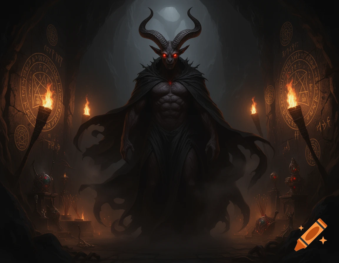 A terrifying horned demon with glowing red eyes stands in a dark, torchlit cave with mystical symbols carved into the stone.