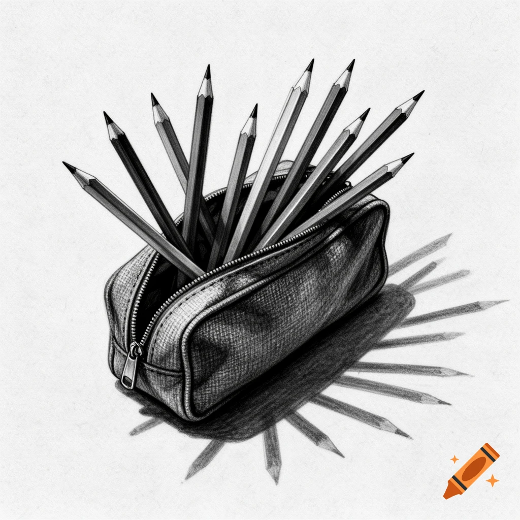 Black and white drawing of an open pencil case overflowing with sharpened pencils, casting prominent shadows.