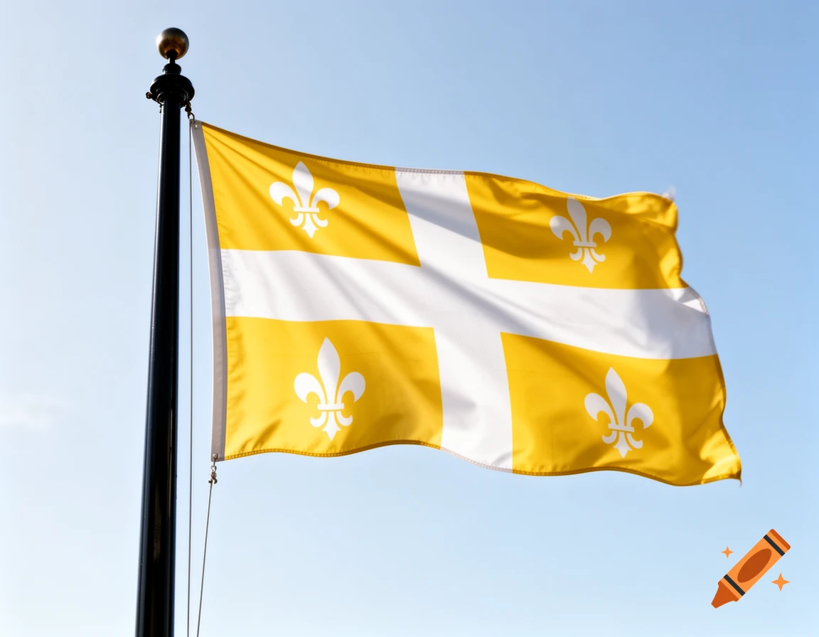 A yellow and white flag with white fleur-de-lis symbols on a black flagpole, waving against a clear blue sky.