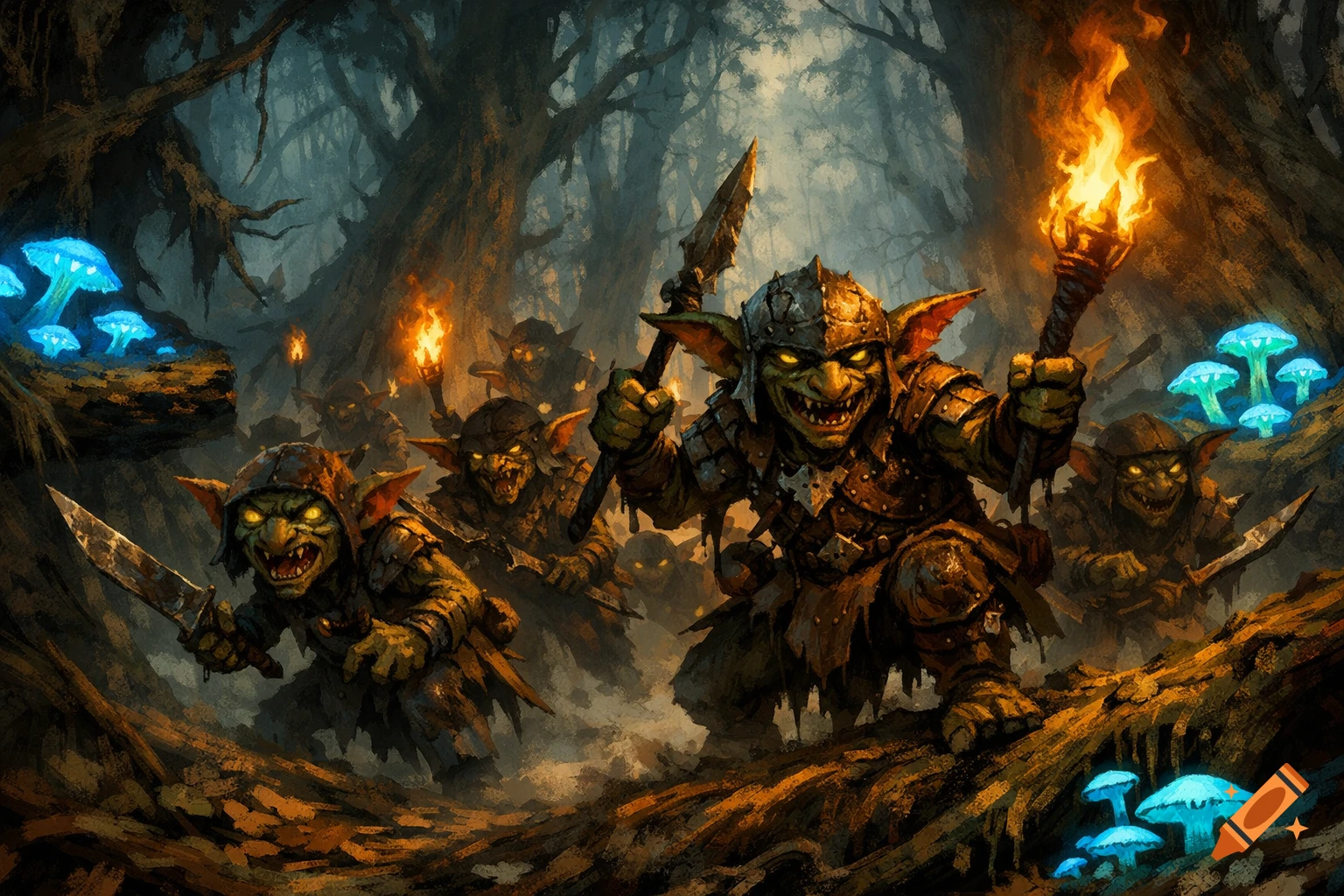 A menacing group of armed goblins ambush in a dark, misty forest, illuminated by torches and glowing blue mushrooms in a detailed concept art style.