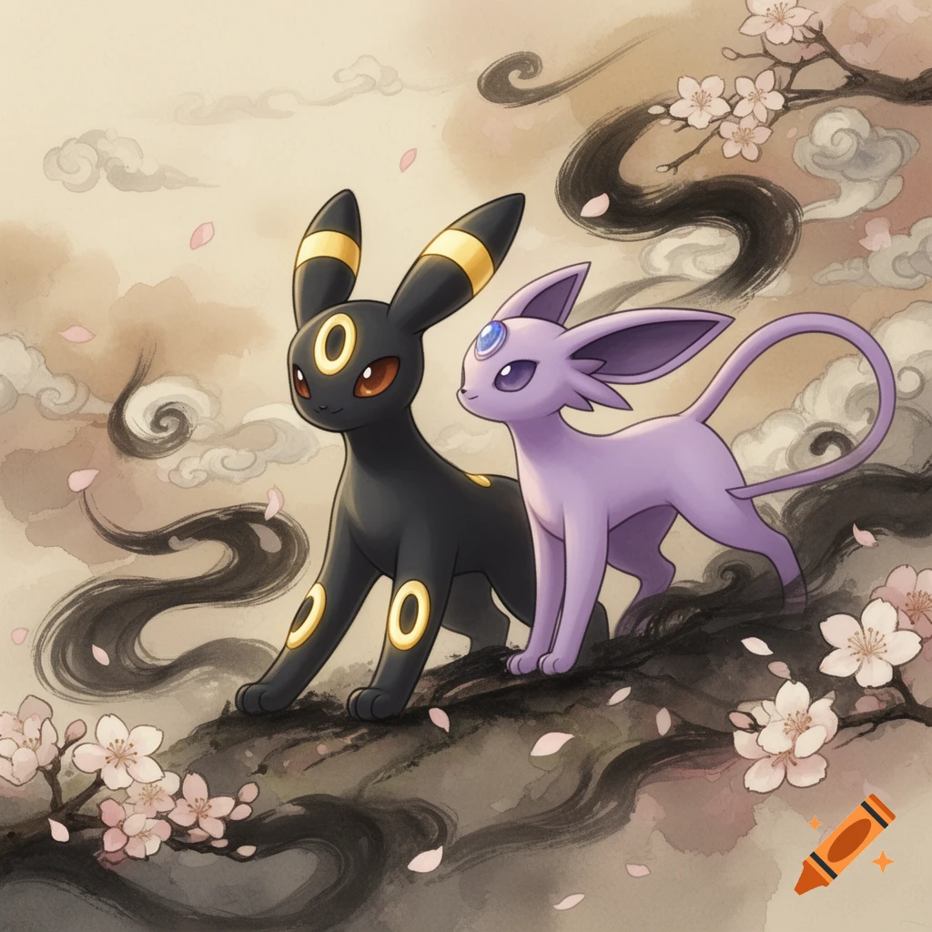 Umbreon and Espeon stand together on a branch amidst cherry blossoms and swirling clouds in an Okami-inspired art style.