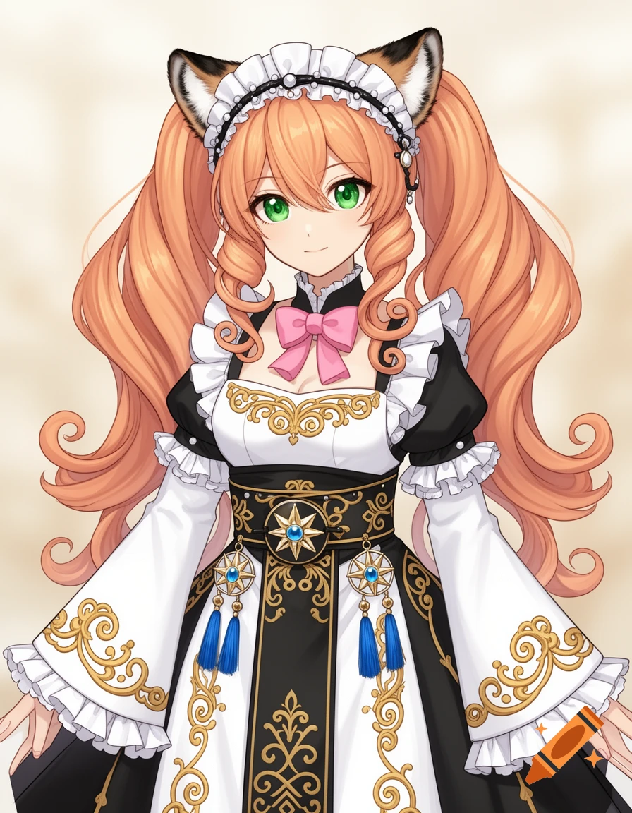 An anime girl with long orange hair in ponytails, green eyes, and tiger ears, wearing an elaborate black, white, and gold maid dress with blue tassels and a pink bow.
