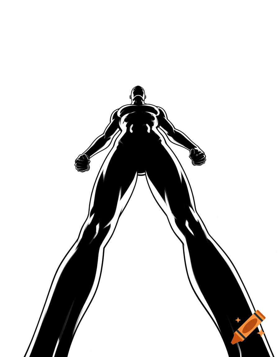 Low-angle black and white silhouette of a muscular figure with broad shoulders and legs apart, against a white background.