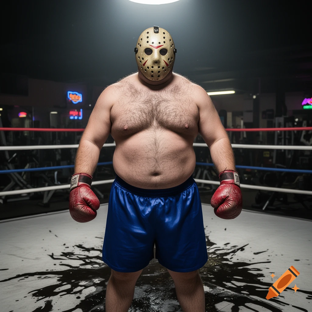A hairy, chubby man in a Jason Voorhees mask and boxing gloves stands in a boxing ring with blood splatters.