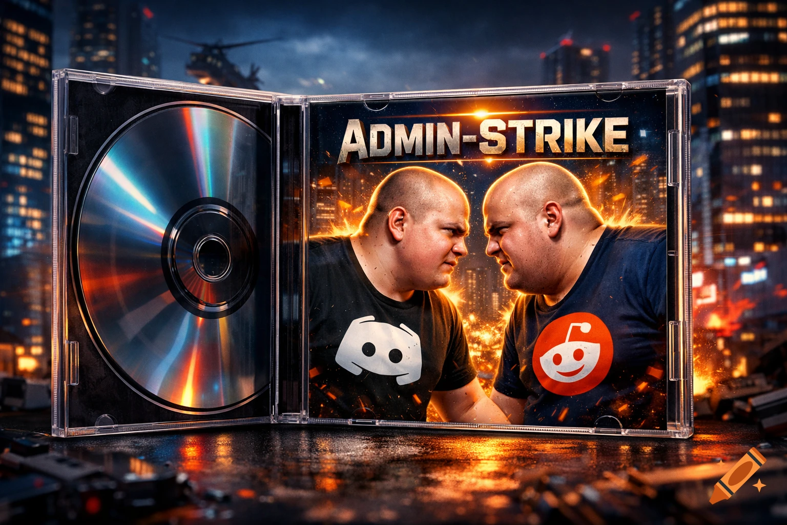 A video game CD case for 'ADMIN-STRIKE' shows two bald, intense men wearing Discord and Reddit logo t-shirts, facing off against a fiery cityscape backdrop with a helicopter.
