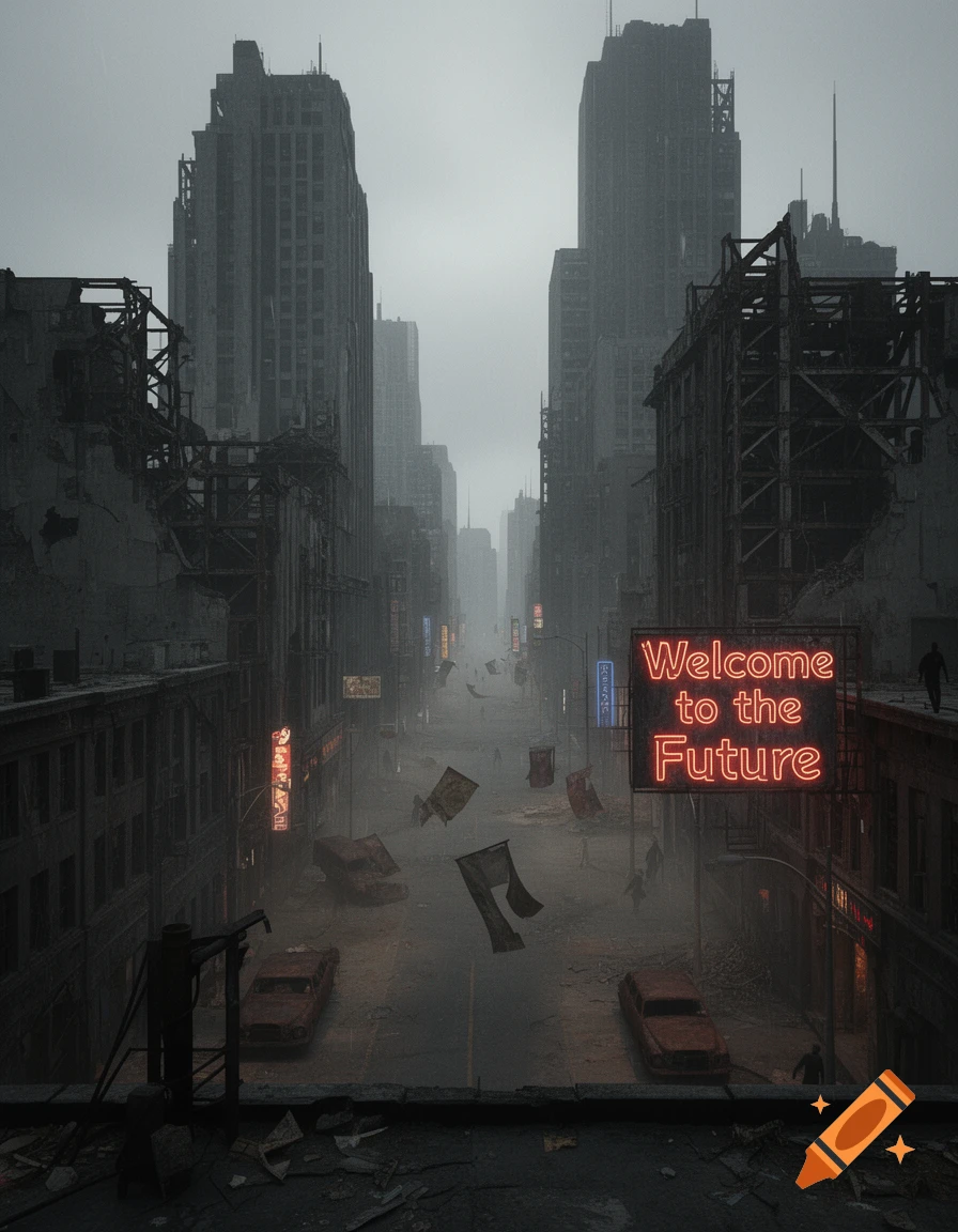 A dark, post-apocalyptic cityscape with ruined buildings, abandoned cars, and a glowing neon sign reading 'Welcome to the Future'.