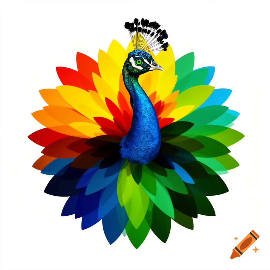 A blue peacock head with a feather crown centered in a large, circular, multicolored flower design with overlapping petals on a white background, in a graphic art style.