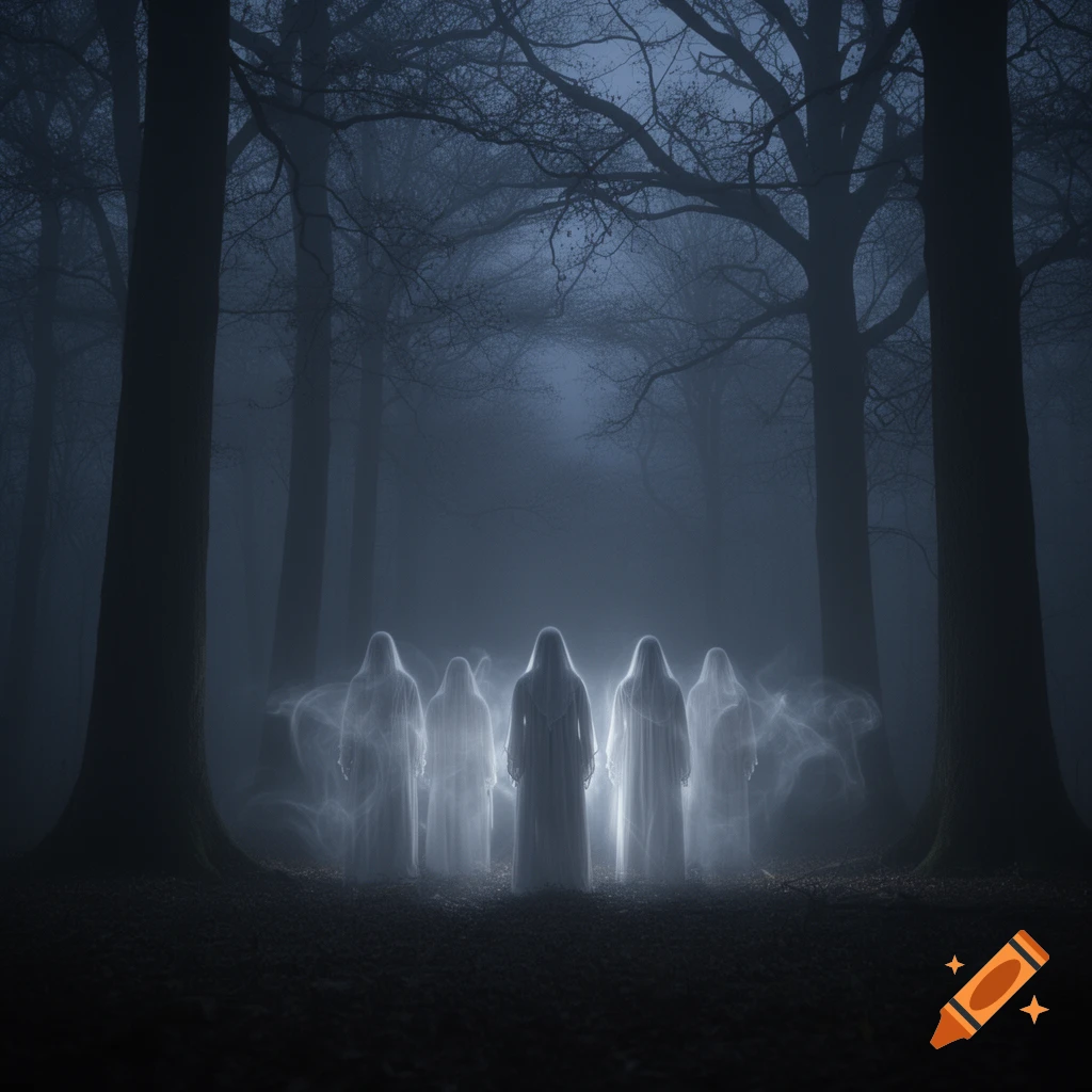 Ethereal ghostly figures in flowing robes standing in a dark, misty forest, illuminated by a soft glow.