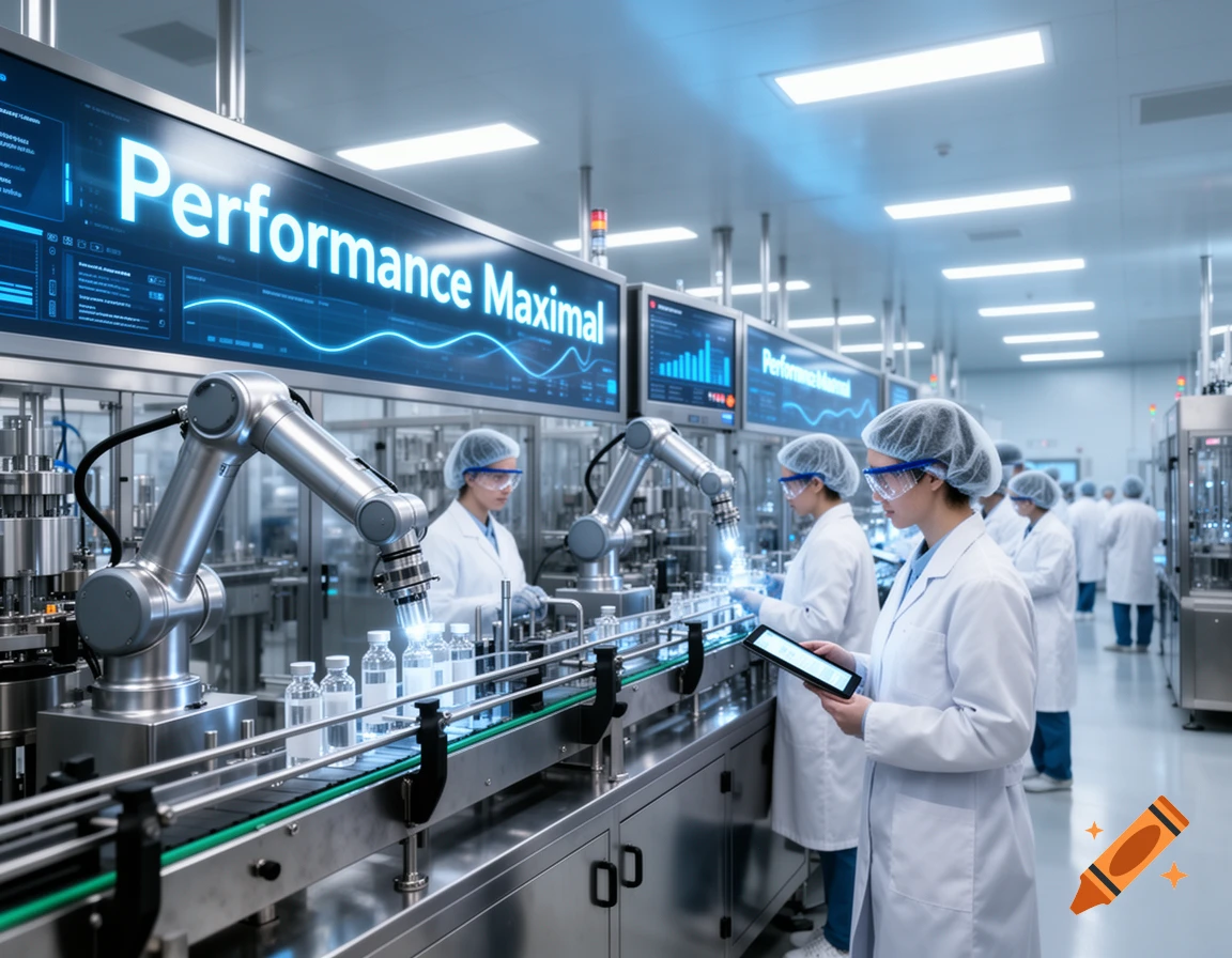 Scientists in a clean room observe robotic arms filling bottles on a production line, with screens showing 'Performance Maximal.