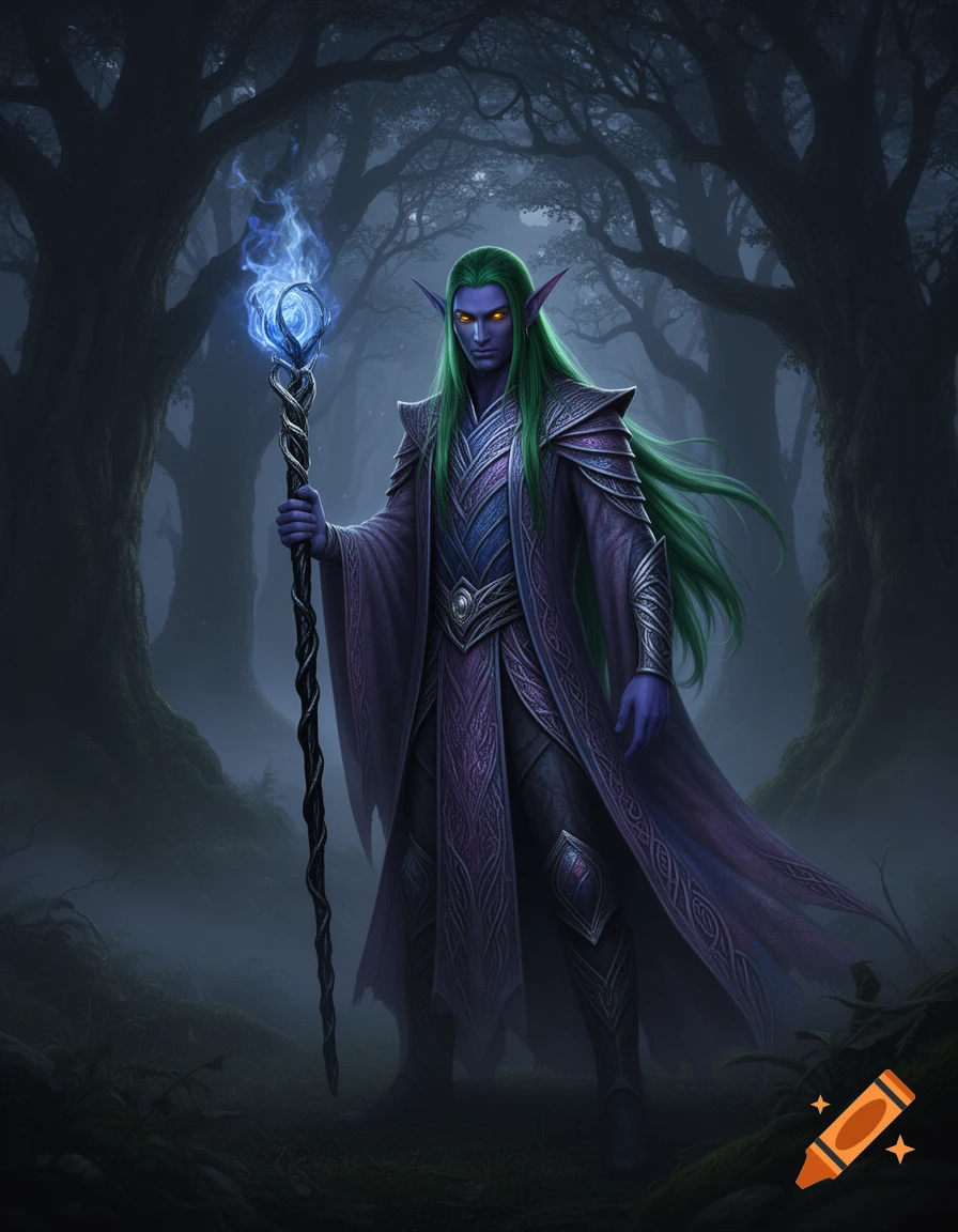 A dark elf mage with long green hair and glowing golden eyes, holding a blue glowing staff in a misty, dark forest. Photorealistic.