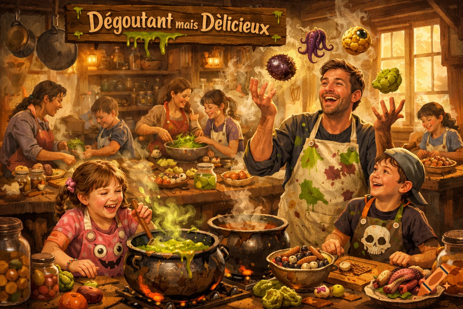 Illustrated family in a rustic kitchen, cooking whimsical 'disgusting' food. A sign reads 'Dégoutant mais Délicieux'.
