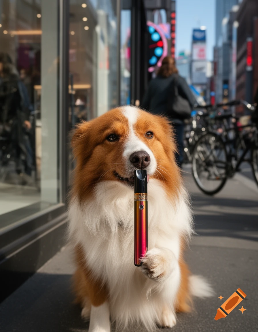 A photorealistic brown and white dog sits on a city sidewalk, holding a colorful vape in its mouth and paw.