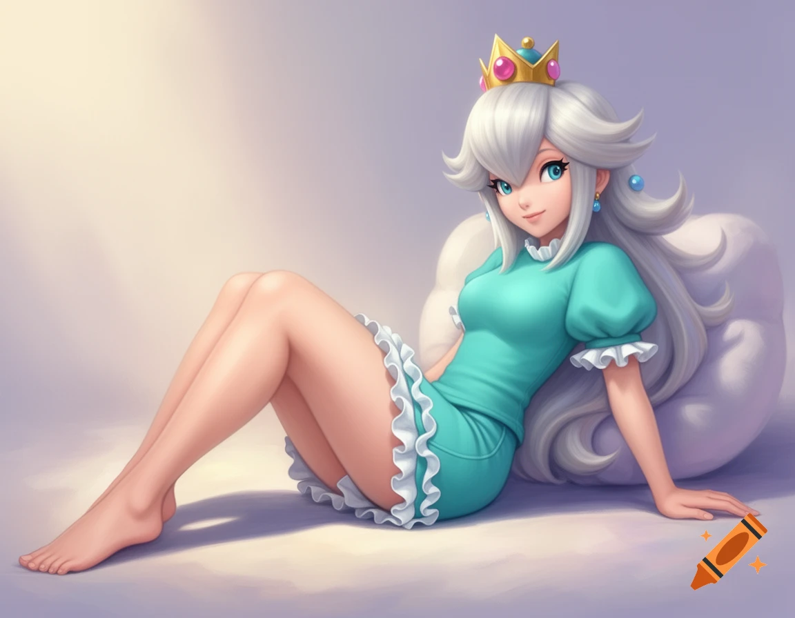 Digital art of Princess Rosalina in a turquoise ruffled dress and crown, lying on the floor with bare feet.