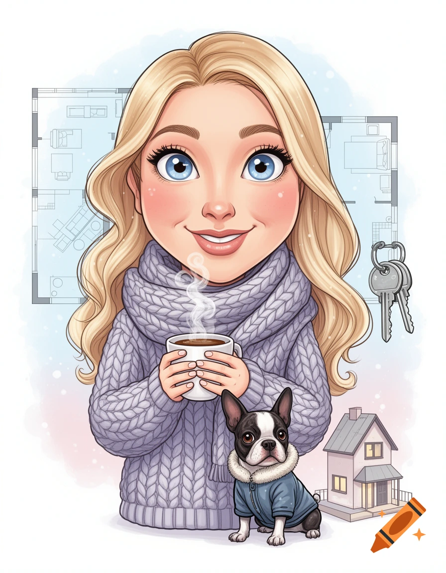 Cartoon illustration of a blonde woman in a sweater holding coffee, with a Boston Terrier, house keys, and floor plans.
