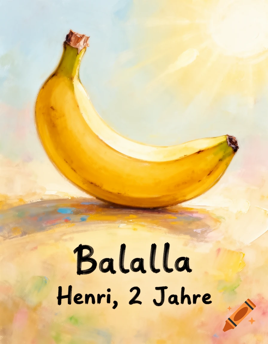 Impressionistic painting of a ripe yellow banana under a bright sun, with the text 'Balalla Henri, 2 Jahre' below.