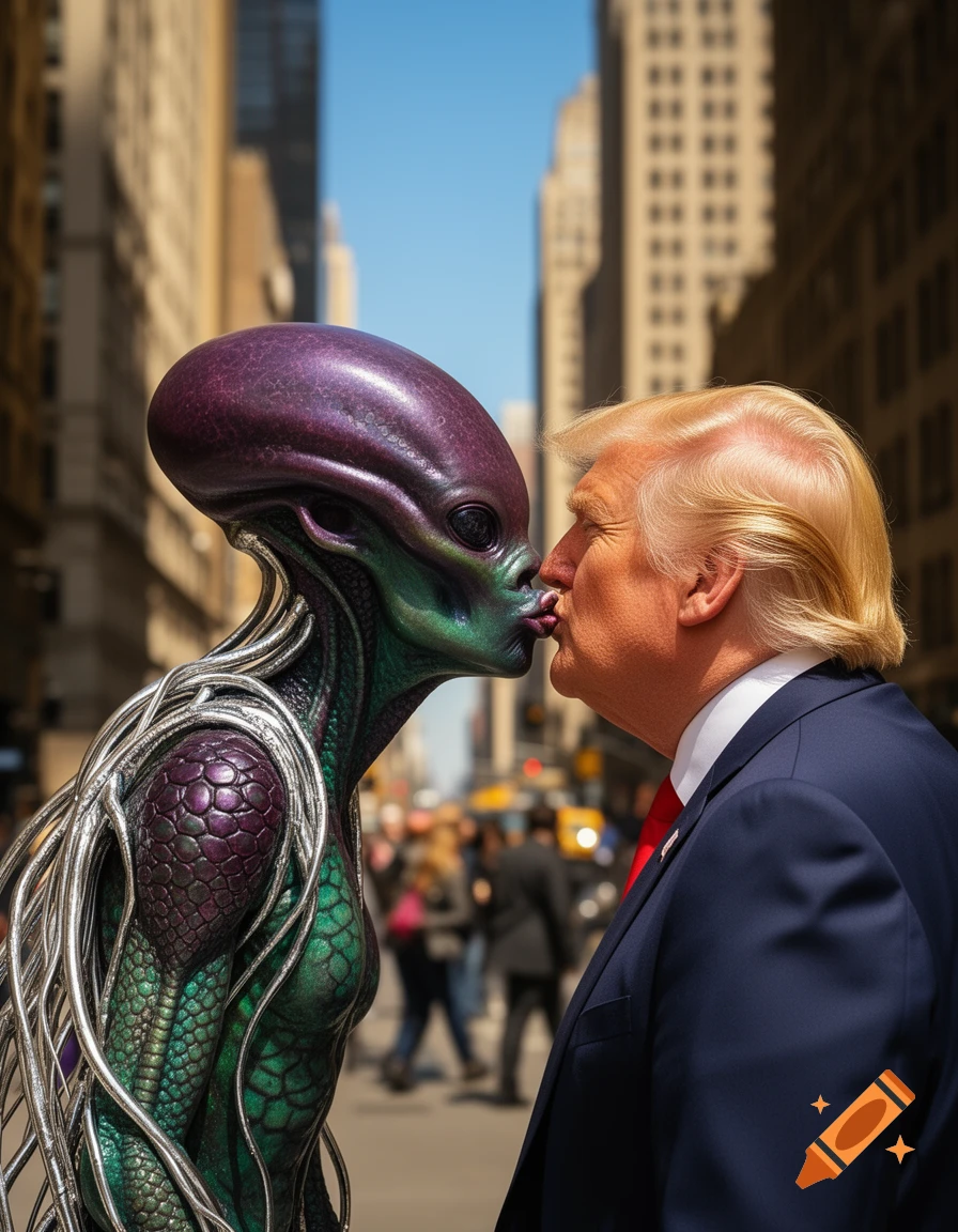 Photorealistic image of Donald Trump kissing a metallic purple and green alien on a bustling city street.