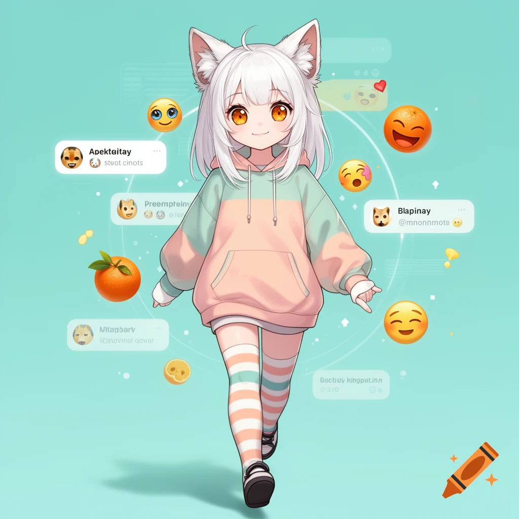 Anime cat-girl with white hair and orange eyes, wearing a pastel hoodie and striped socks, surrounded by floating social media bubbles and emojis on a teal background.
