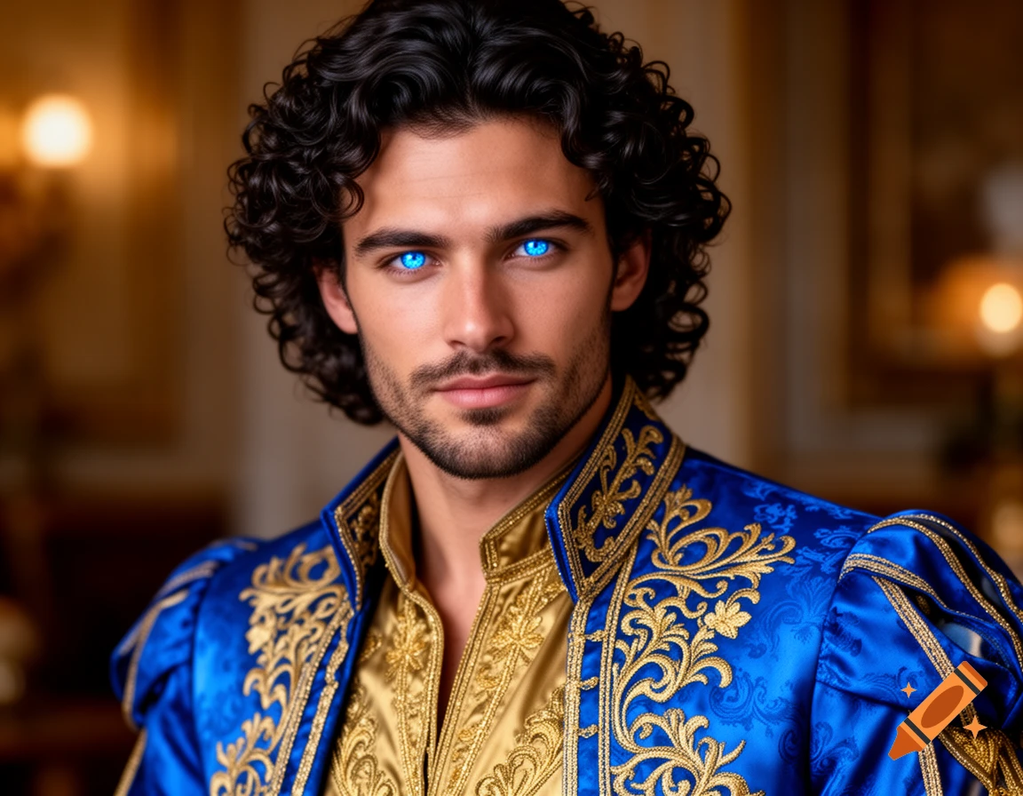 A handsome man with dark curly hair and glowing crystal blue eyes, wearing an ornate blue and gold royal jacket.