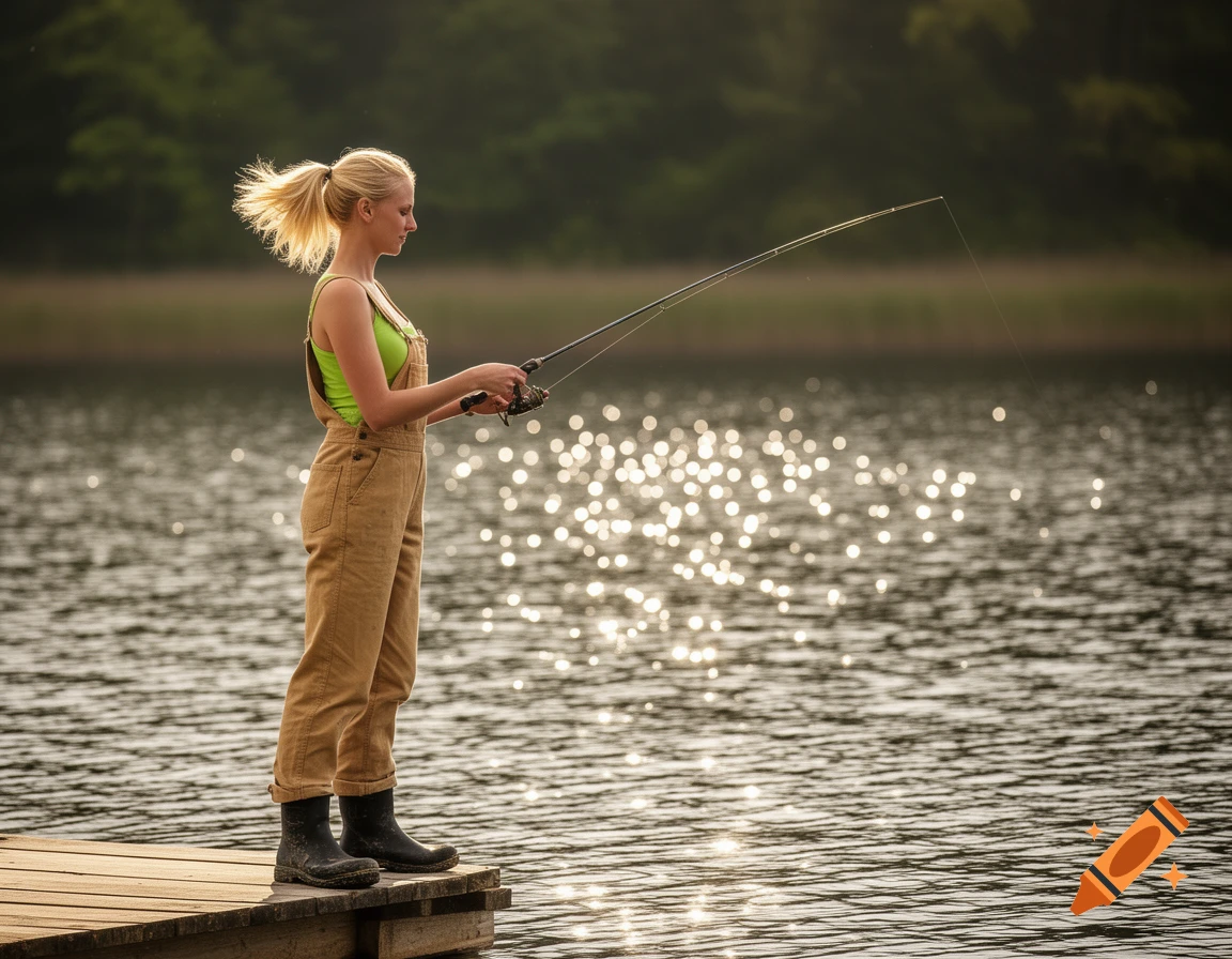 A blond woman in a lime-green tank top, tan overalls, and black boots fishes from a wooden dock on a shimmering lake.