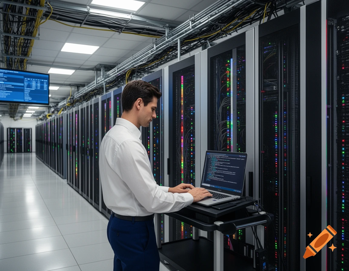 A professional man works on a laptop at a cart in a large data center, surrounded by rows of blinking server racks.