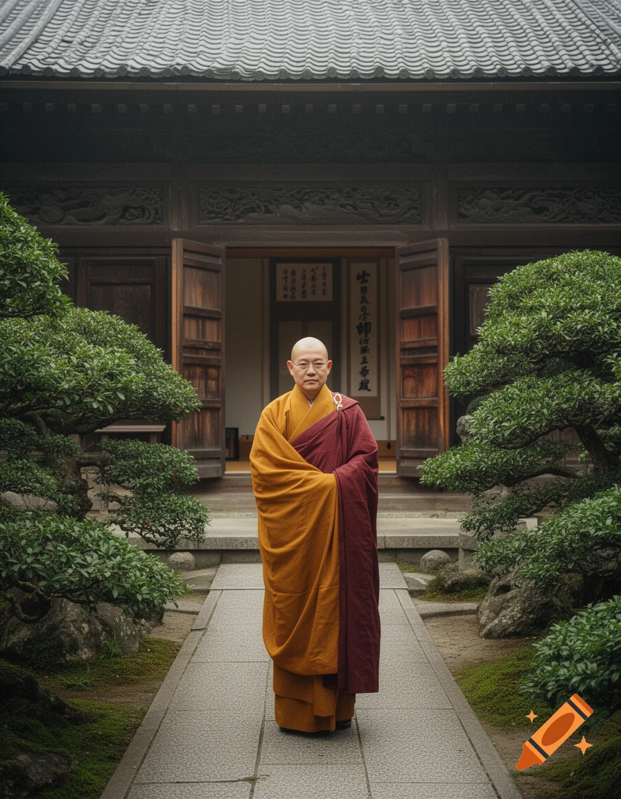 A bald monk in orange and red robes stands on a stone path in front of a traditional Japanese temple with bonsai trees.