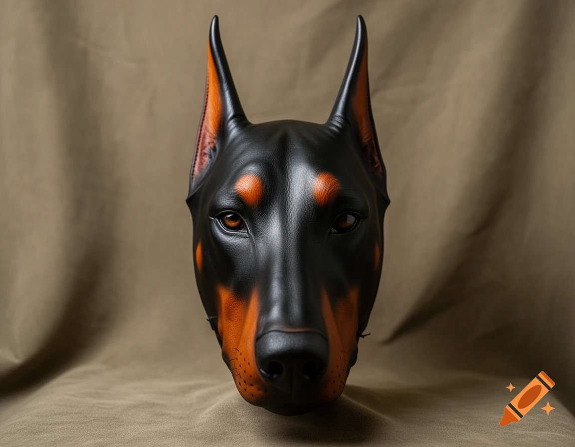 A photorealistic, sleek black and tan Doberman mask with pointed ears, set against a brown background.