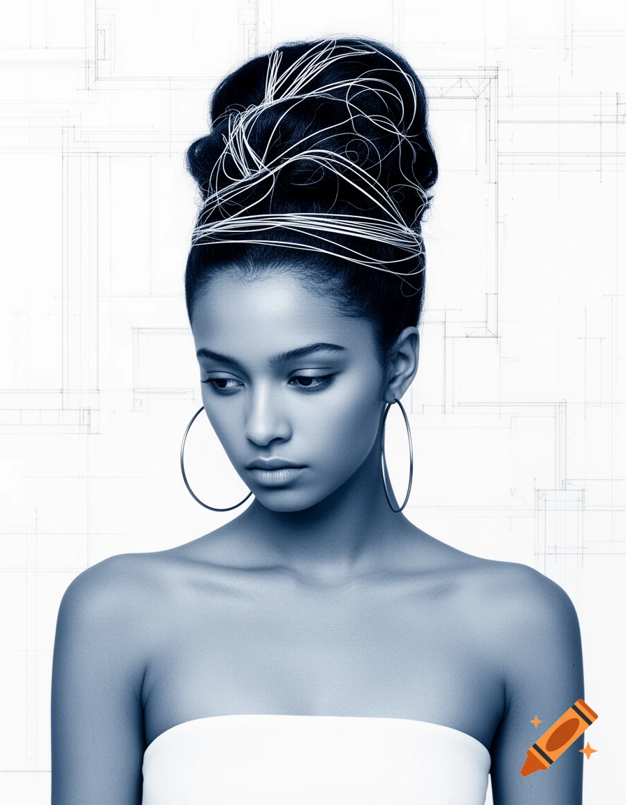 Stylized monochromatic blue portrait of a pensive young woman with an elaborate high bun and hoop earrings against a blueprint background.