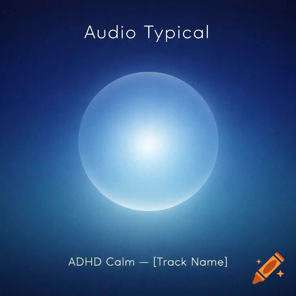 A square album cover featuring a glowing blue sphere in the center against a deep blue gradient background. Text reads 'Audio Typical' at the top and 'ADHD Calm — [Track Name]' at the bottom.
