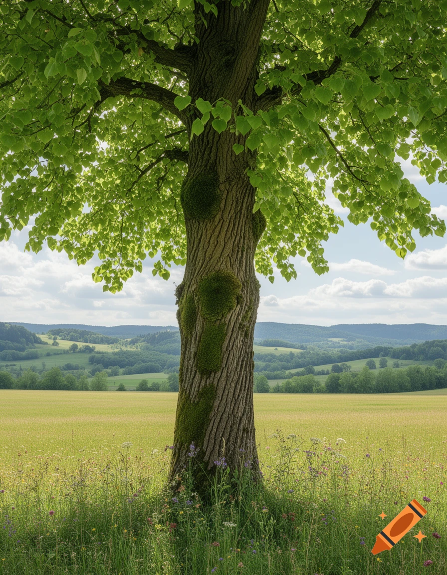A close-up shot of a large tree trunk with bright green leaves, standing in a meadow with rolling hills in the background under a partly cloudy sky.