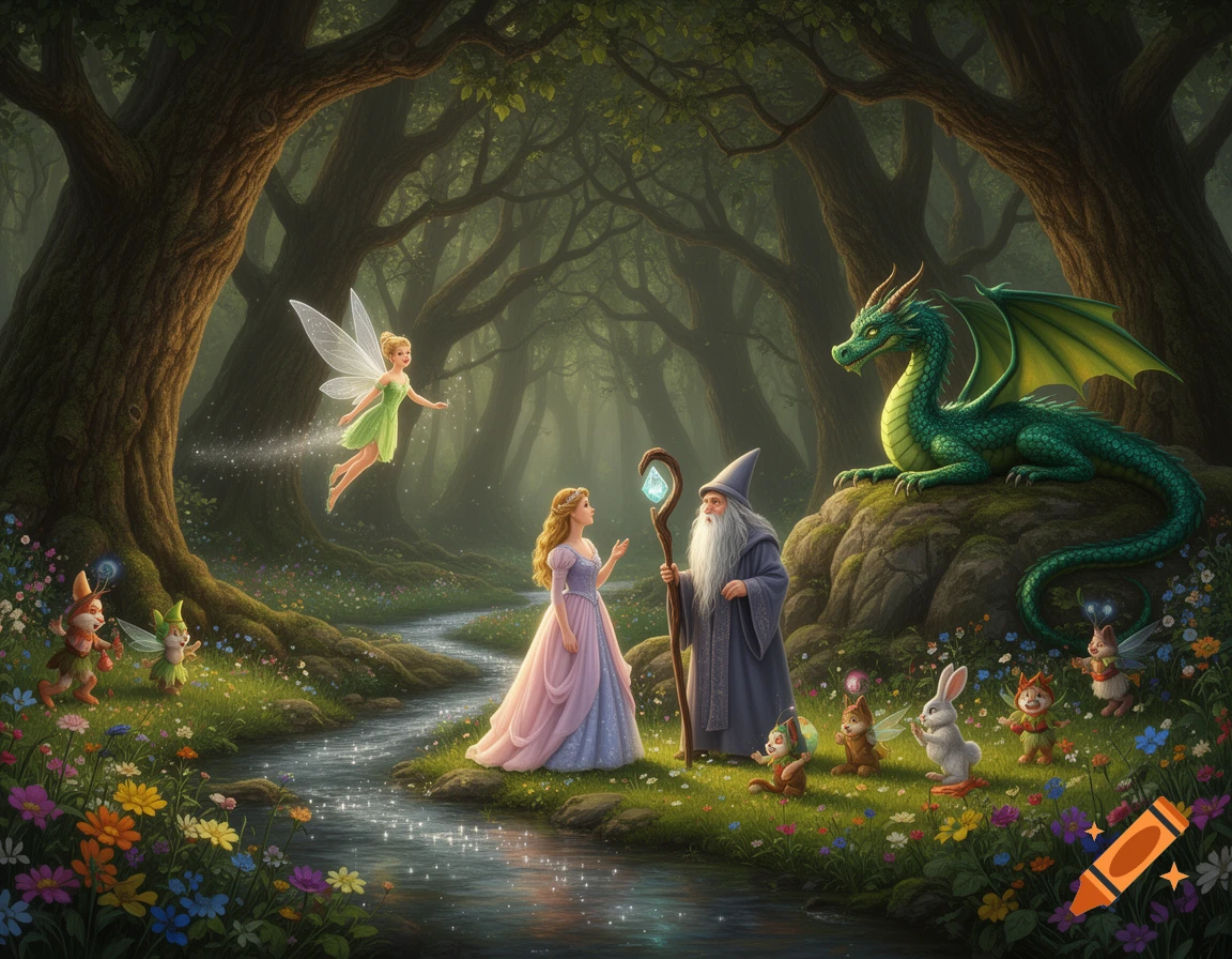A fairy, princess, wizard, dragon, gnomes, and a rabbit gather by a sparkling stream in an enchanted forest with wildflowers, fantasy art.