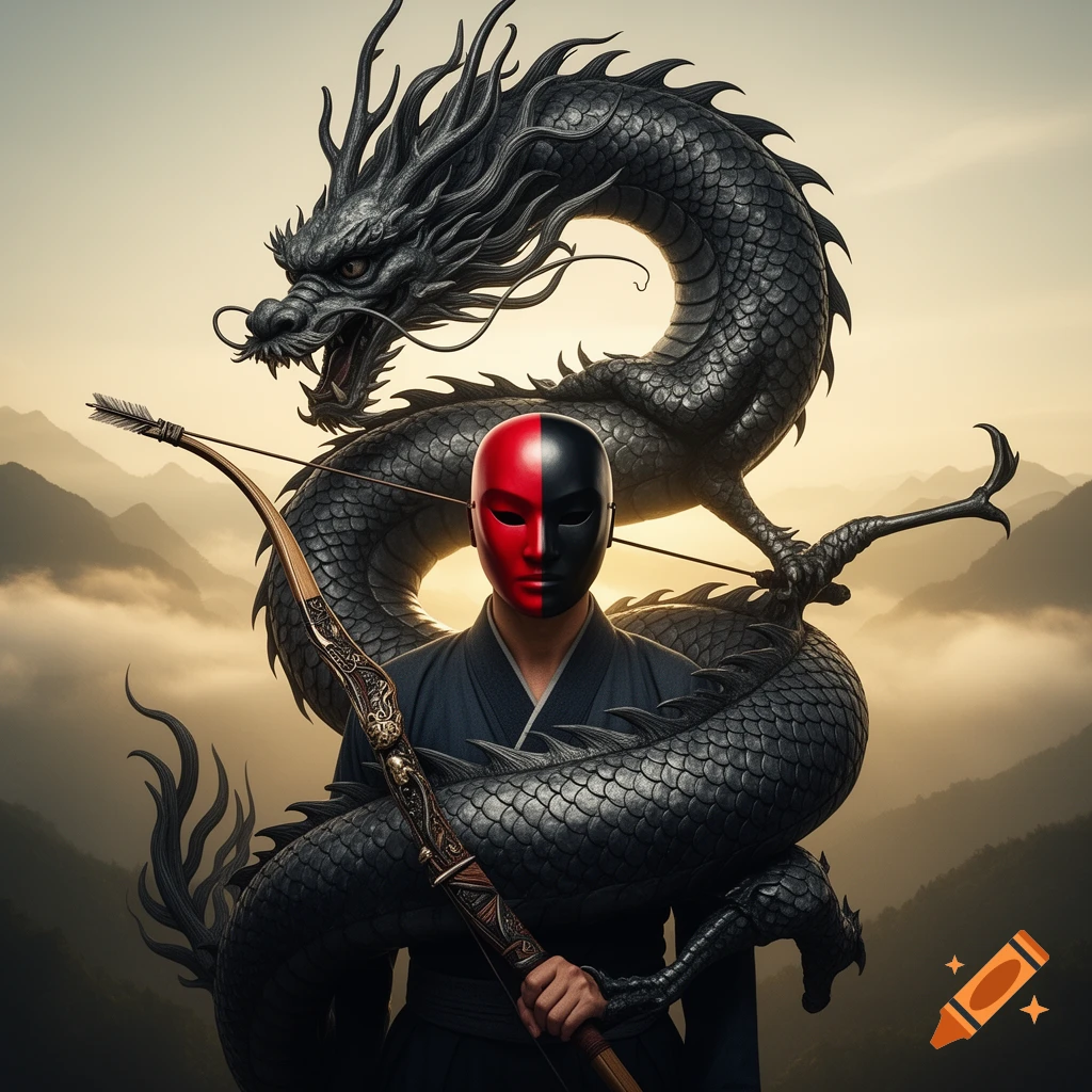 A person in a black and red half-split mask holds a bow and arrow, with a large, intricately scaled black dragon coiled behind them against a mountainous, hazy sunset landscape.