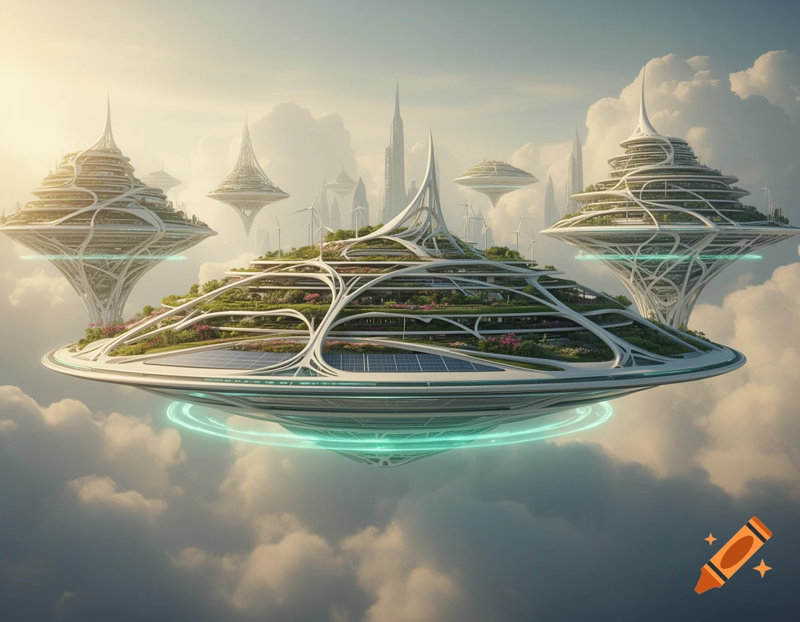 Futuristic solarpunk floating cities with tiered gardens, solar panels, and white lattice structures hover in a cloudy sky.