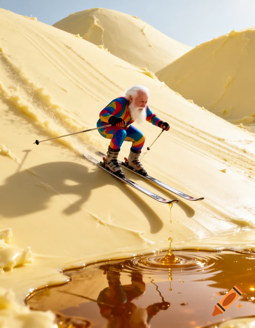 An elderly man in a colorful ski suit skis down a butter hill towards a pool of melted butter, a drop falling from his ski.
