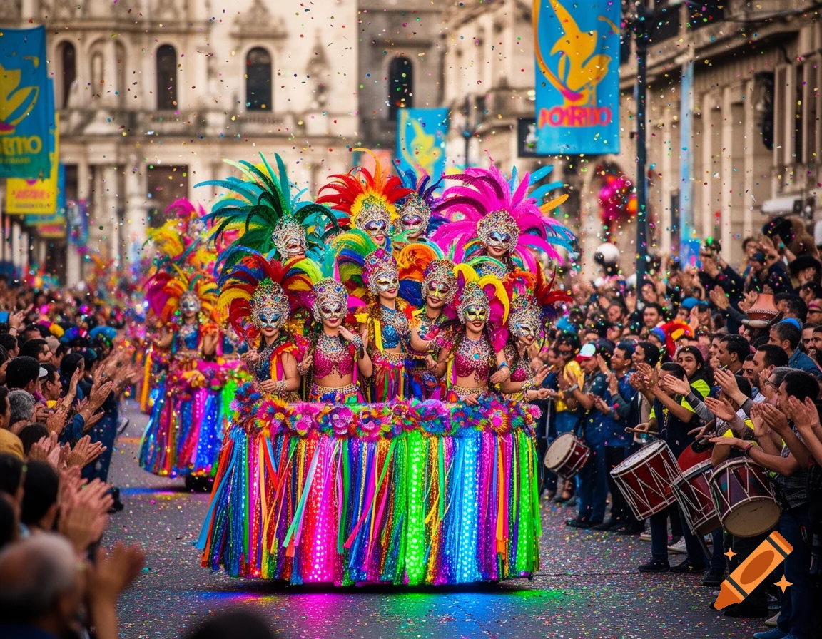 A vibrant carnival parade with performers in elaborate, colorful costumes on a float, cheered by a crowd under falling confetti.
