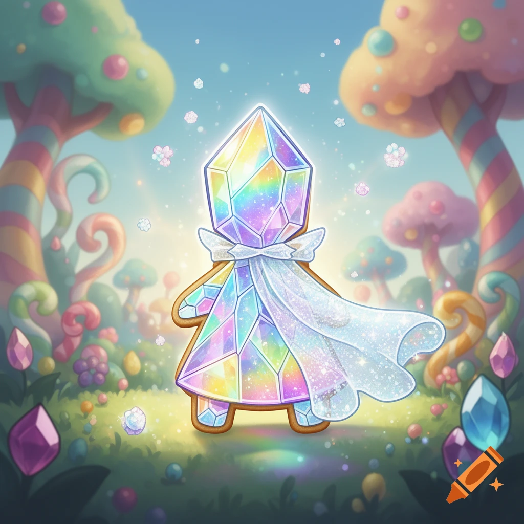 A rainbow prism crystal cookie character with a sparkling cape stands in a vibrant candy land with colorful trees and gems.