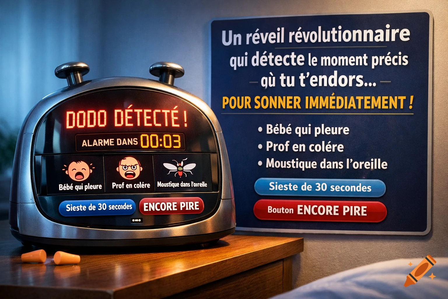 A close-up shot of a futuristic alarm clock displaying 'DODO DÉTECTÉ! ALARME DANS 00:03' with options like crying baby, angry professor, and mosquito. A sign next to it describes the 'revolutionary alarm clock' with similar options.