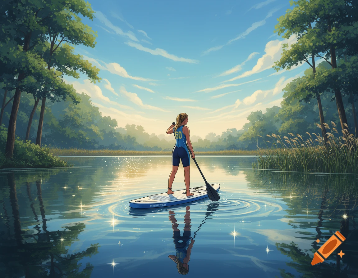 An illustrated woman paddleboards on a calm lake, surrounded by green trees under a clear blue sky, viewed from behind.