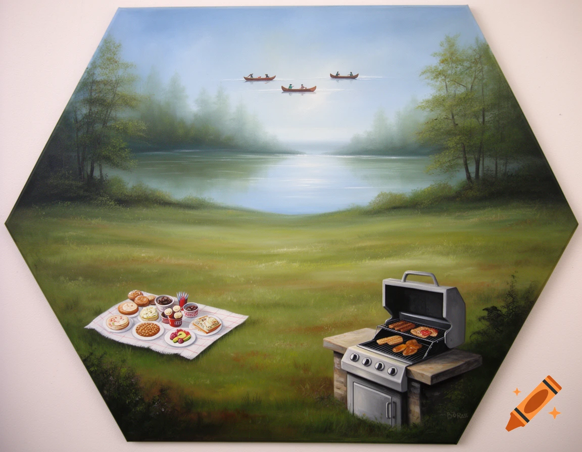 A hexagon-shaped painting of a serene landscape with a picnic blanket, a grill, and three canoes on a calm lake.