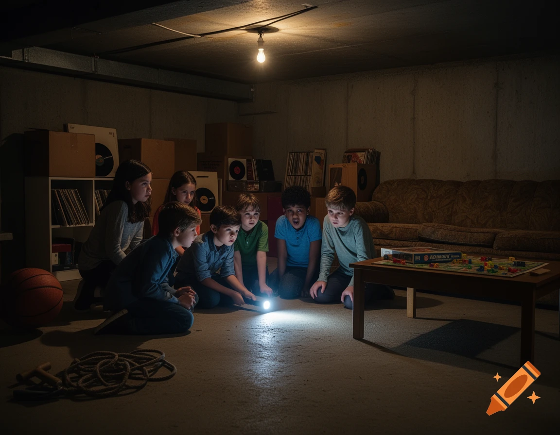 A diverse group of children kneels on a basement floor, mesmerized by the beam of a flashlight. A board game and shelves are in the background, in a photorealistic style.